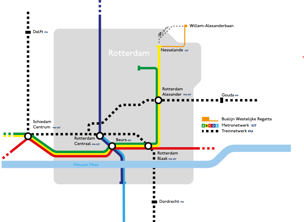 Kaart van de regio Rotterdam, opgemaakt als metrokaart. Vanaf station Nesselande wordt een extra buslijn getoond richting de Willem-Alexanderbaan.